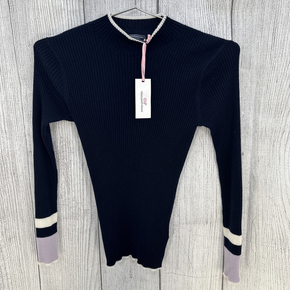 Vineyard Vines Sweater Women Small Nautical Navy 100% Cashmere Rib Tip Mock Neck
